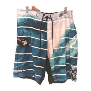 HIC Hawaiian Island Creations Wave Print Board Shorts Men’s Size 38 Blue Teal